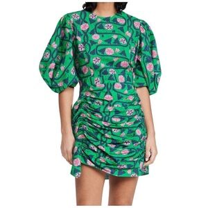 RHODE Green Floral Puff-Sleeve Ruched Mini Dress